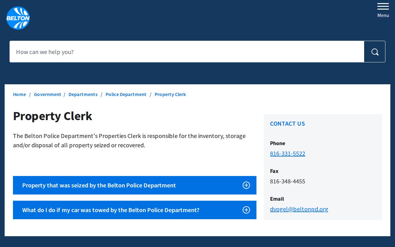 Belton Police Department Property Clerk instructions