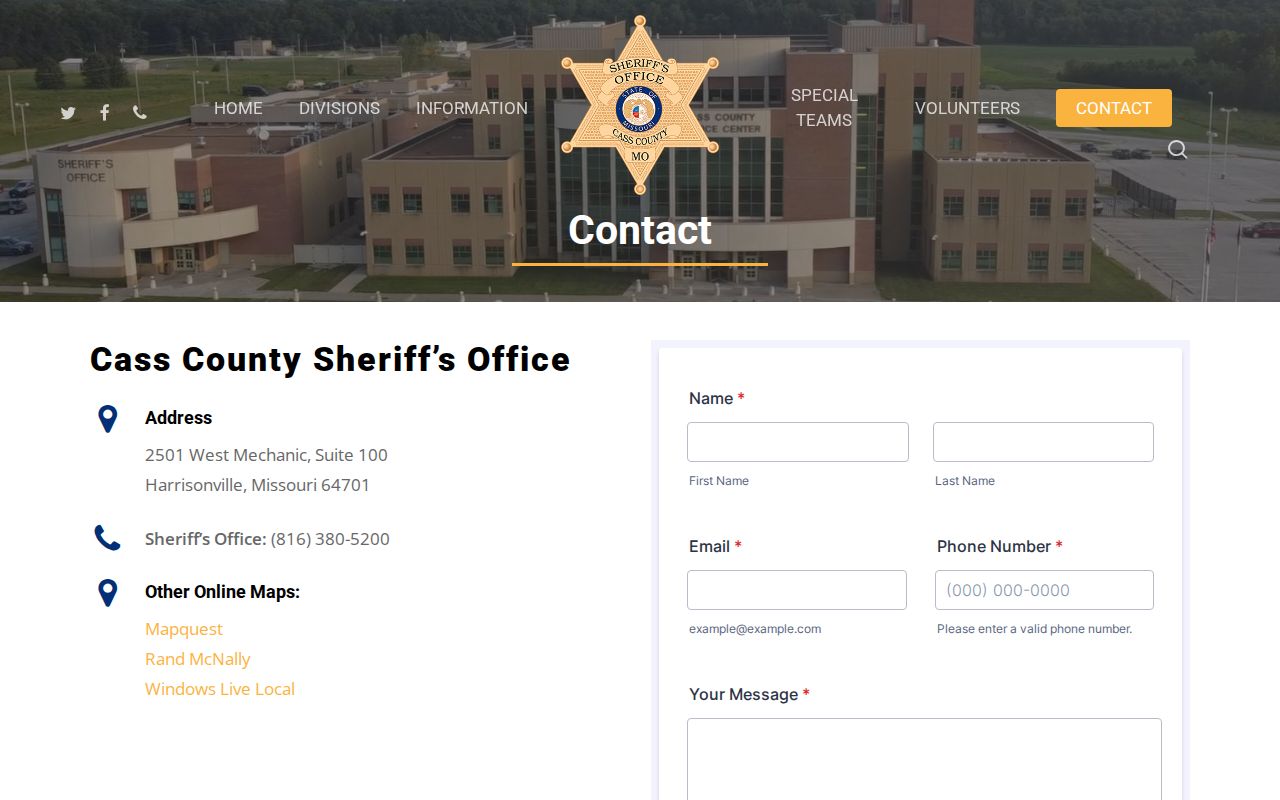 Cass County Sheriff's Office contact page for jail release-record follow-up