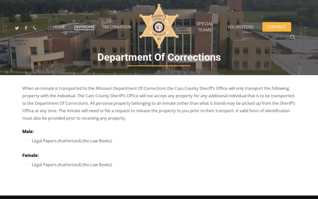 Cass County Jail MODOC transport and property instructions