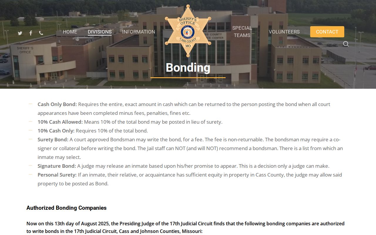 Cass County Sheriff bond types and bond-out instructions