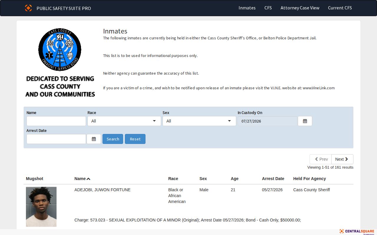 Current Cass County and Belton custody portal with agency fields