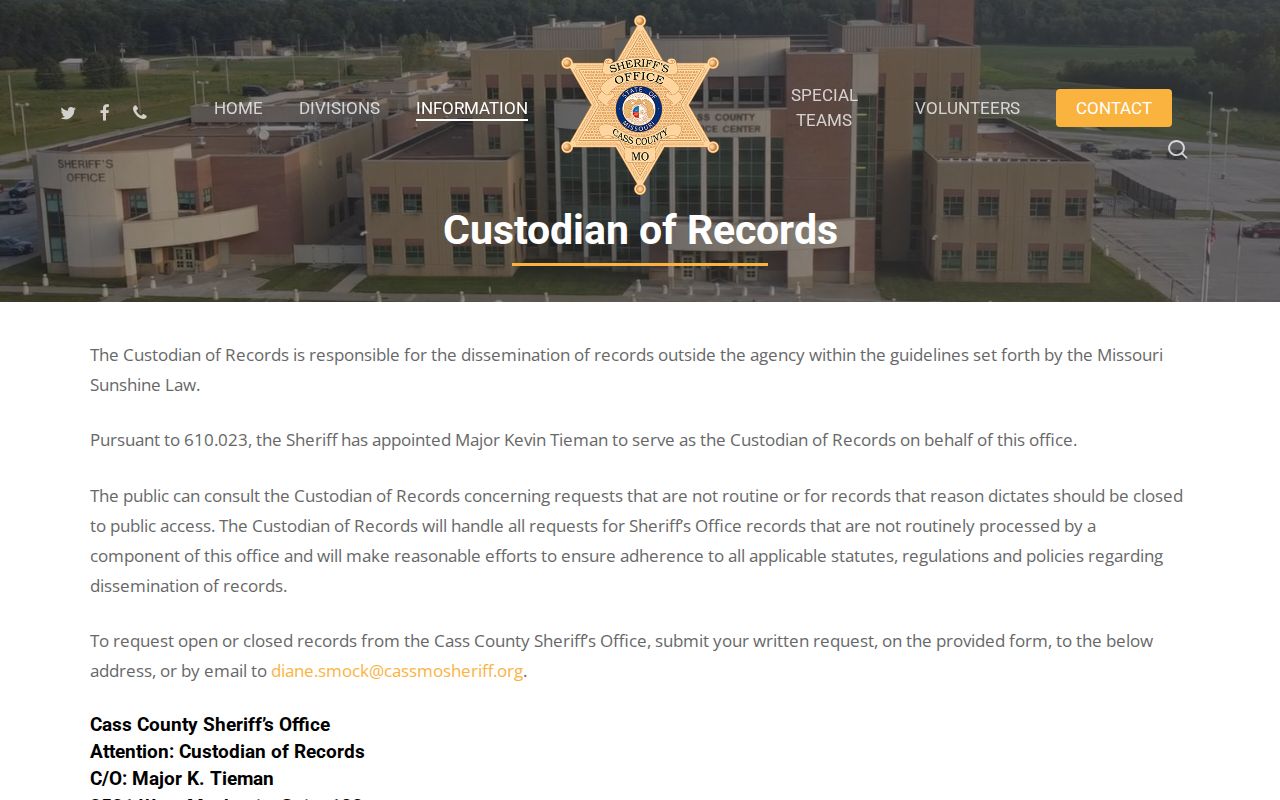 Cass County Sheriff custodian of records request channels